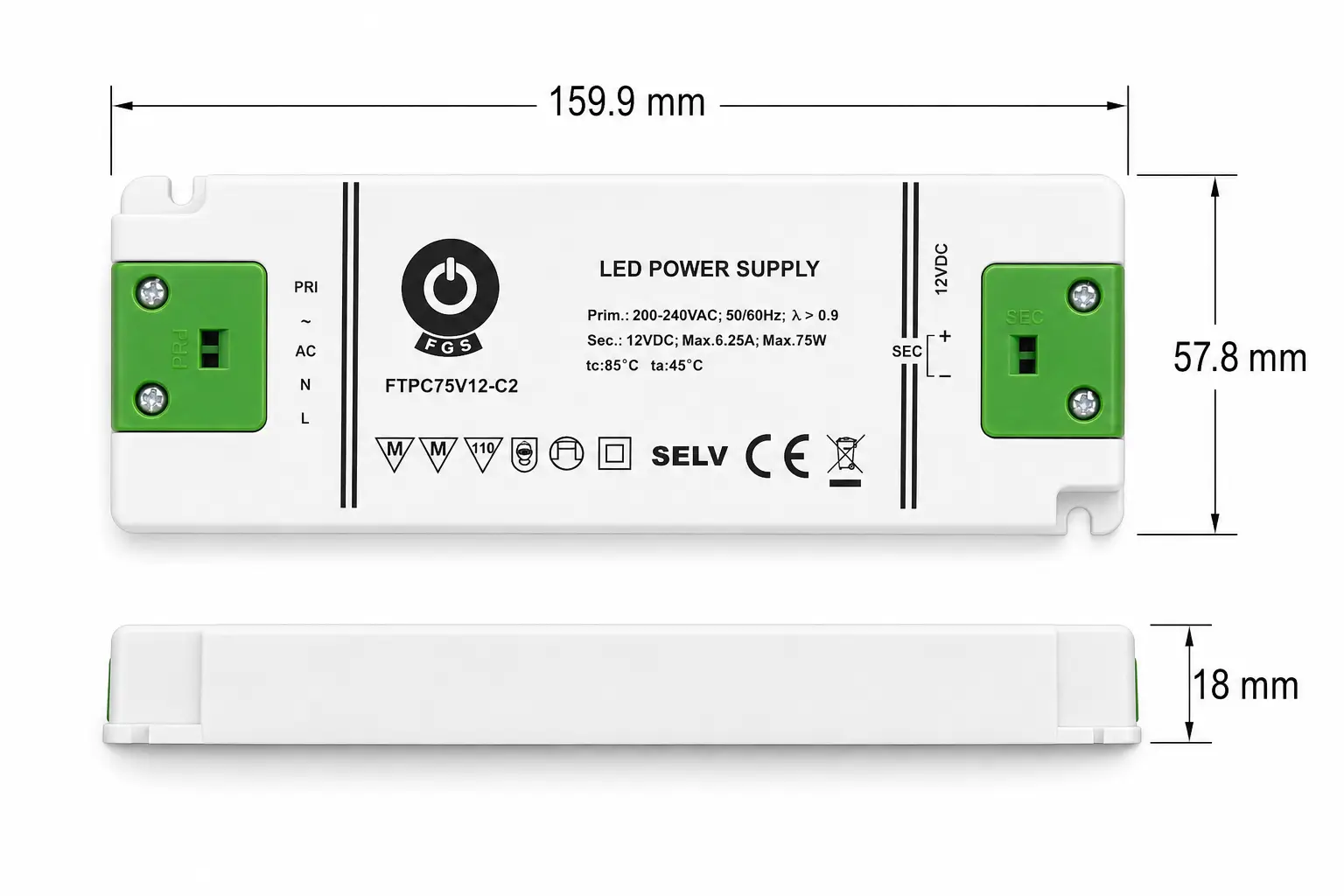 LED napájecí zdroj 12V 75W s rozměry 159,9 x 57,8 x 18 mm, certifikován podle CE a RoHS, záruka 5 let